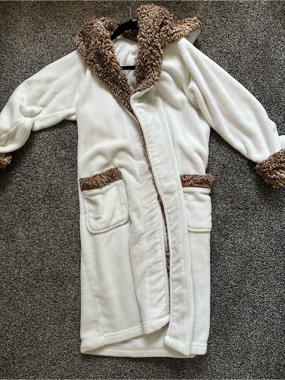 Pottery Barn Cream Hooded Robe with Brown Sherpa Trim